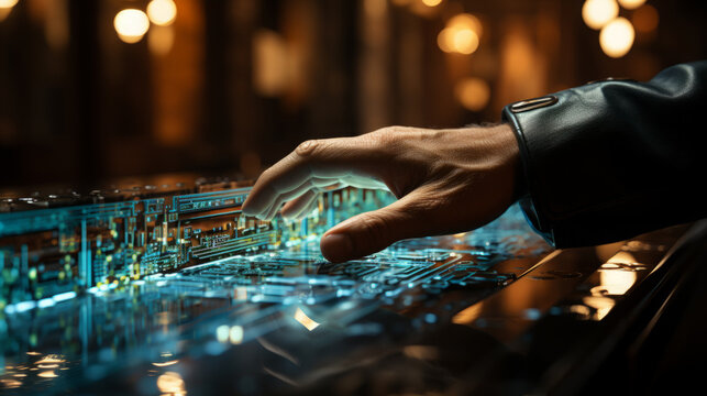 Hand touching data wave on screen. Futuristic and information technology concept.