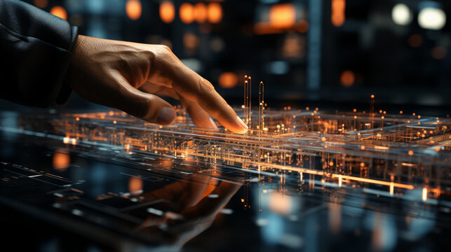 Hand touching data wave on screen. Futuristic and information technology concept