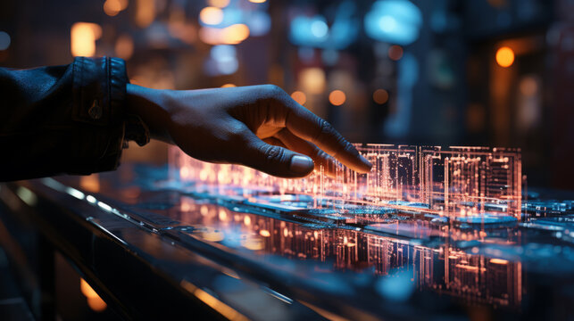 Hand touching data wave on screen. Futuristic concept