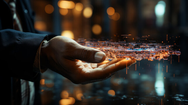 Hand touching data wave on screen. Futuristic concept.
