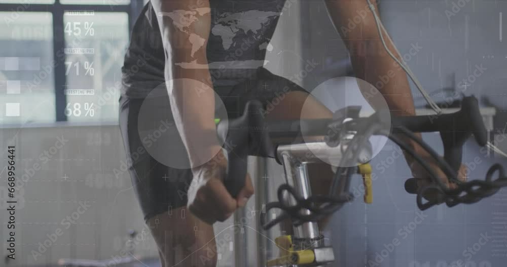 Poster animation of statistical data processing over biracial fit man training on exercise bike at the gym