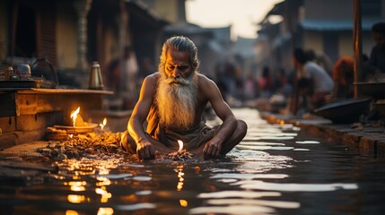 A Hindu pilgrim making an offering at the Ganges River in Varanasi, India.  - obrazy, fototapety, plakaty