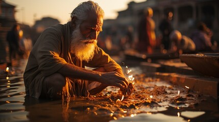 A Hindu pilgrim making an offering at the Ganges River in Varanasi, India.  - obrazy, fototapety, plakaty