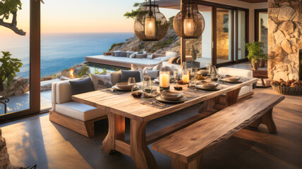 a modern dining room with a sea view