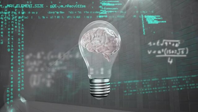 Animation of mathematical equations and data processing over human brain spinning in electric bulb