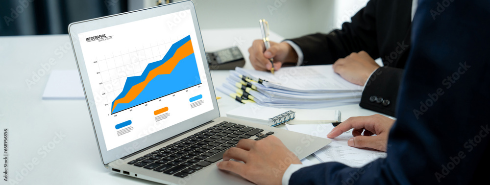 Poster business intelligence analyst team use bi software on laptop to analyze financial data dashboard. bu