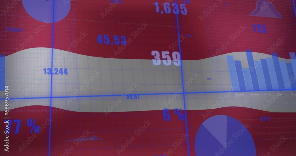 Poster animation of statistical data processing against waving austria flag background