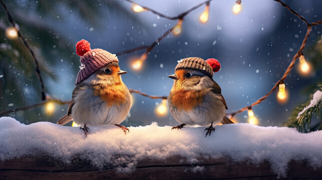 two robins wearing santa hats and christmas decorations