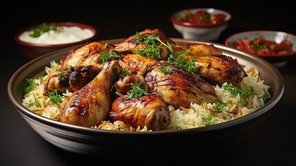 National Saudi Arabian dish chicken kabsa with roasted chicken quarter and almonds - obrazy, fototapety, plakaty