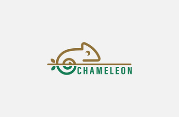 Fototapeta premium Chameleon logo line art design, Chameleon perched on a guitar logo vector in outline Illustration style.