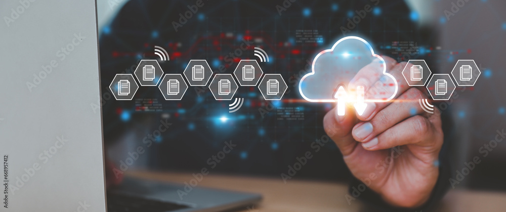 Poster database storage cloud technology file data transfer sharing, cyber, big data information for financ