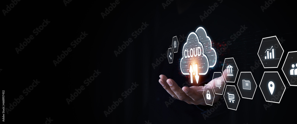 Poster database storage cloud technology file data transfer sharing, cyber, big data information for financ