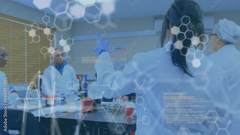 Poster animation of medical data processing over team of diverse scientists discussing at laboratory