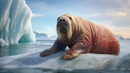 Naklejka premium close up walrus (odobenus rosmarus) on pack iceberg