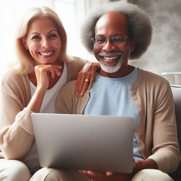 Happy Older Mid Age Family Couple Using Laptop Sit On Couch. Smiling Senior Adult Mature Man And Woman Looking At Computer Doing Ecommerce Online Shopping, Watching Tv, Having Virtual Chat At Home.