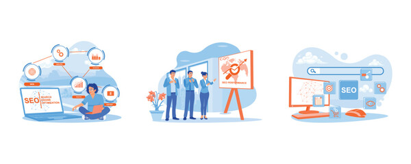 Digital online marketing. Applause at the SEO performance presentation. Digital marketing strategy. set trend modern vector flat illustration