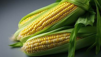 Yellow corn cob with green husk food on light surface