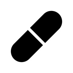 A large medical capsule symbol in the center. Isolated black symbol