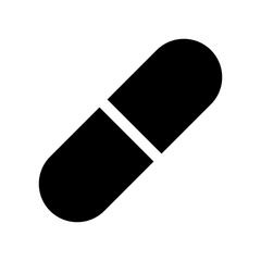 A large medical capsule symbol in the center. Isolated black symbol