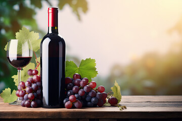 Obraz premium A bottle of red wine and a glass with a branch of grapes on a table