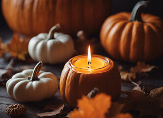 Pumpkin candle. Autumn decor. Halloween