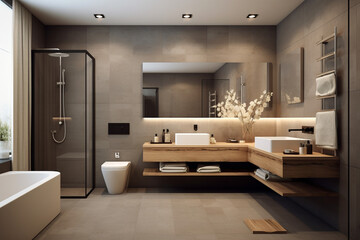 Interior of modern bathroom with brown tile walls, concrete floor, comfortable bathtub and double sink. 3d rendering
