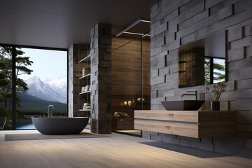 Modern bathroom interior design with marble walls, wooden floor, panoramic window and mountain view. 3d render