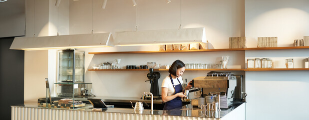 Portrait of cafe counter with barista girl working with coffee machine, making order for client in...