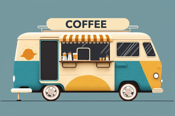 mobile coffee shop track. Modern street food. Street food van, mobile coffee shop, cafe on wheels, food bus concept for web banner, website page