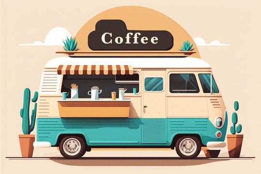 Street food bus, outdoor cafe, terrace, coffee house concept. Coffee to go .  coffee van.