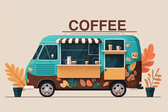 Food truck vehicle coffee shop on the truck isolated on light background