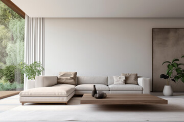 Fototapeta na wymiar Modern living room interior with white sofa, coffee table and blank poster. Mock up, 3D Rendering