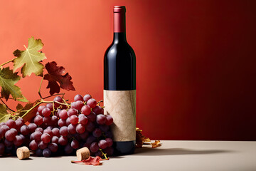 Obraz premium A bottle of red wine and a glass with a branch of grapes on a table