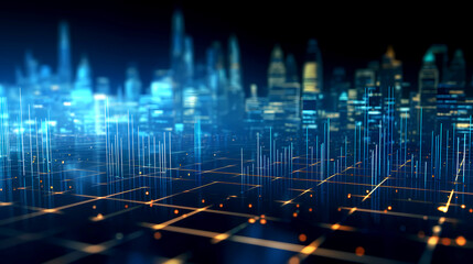 futuristic digital cityscape with glowing grid lines