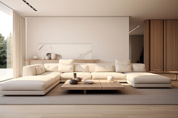 Modern living room interior with white sofa, coffee table and blank poster. Mock up, 3D Rendering