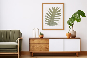 Interior of modern living room with green sofa, coffee table and plant. Scandinavian style.3d render