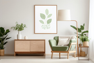 Interior of modern living room with green sofa, coffee table and plant. Scandinavian style.3d render