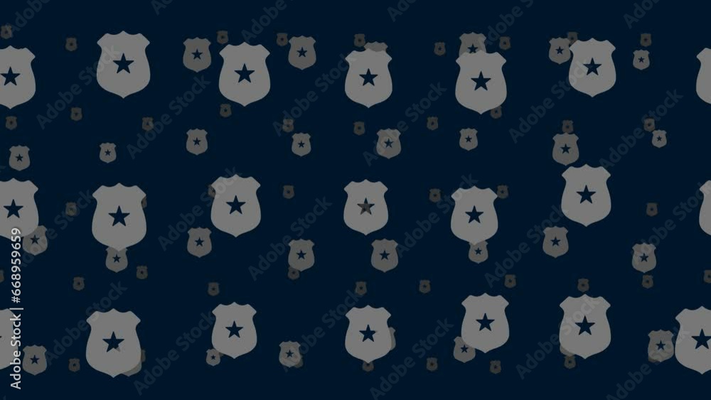 Poster police badge symbols float horizontally from left to right. parallax fly effect. floating symbols ar