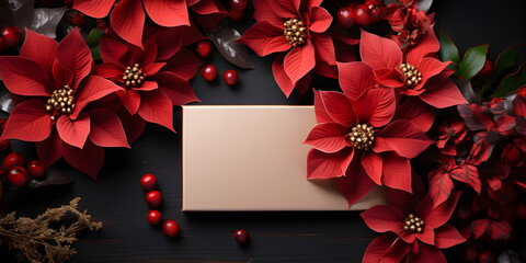 Elegant Red Poinsettias Christmas Card on Wooden Table . Seasonal Red Poinsettias with Space for Your Message