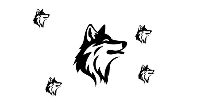 Zoom in and out animation the wolf head symbol. Large black symbol in the center and four small symbols around. Seamless looped 4k animation on white background