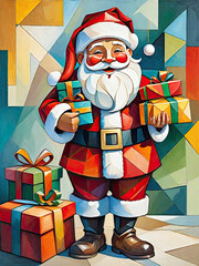 cubism painting of santa claus on winter Christmas eve