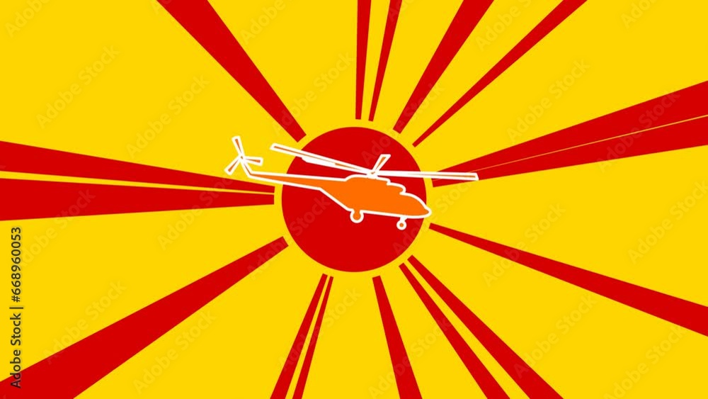 Poster helicopter symbol on the background of animation from moving rays of the sun. large orange symbol in