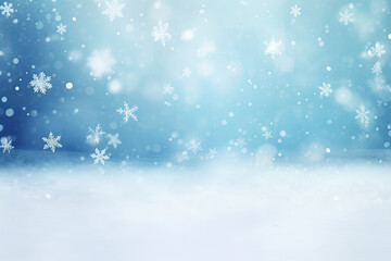 Fototapeta premium Beautiful snowfall white and blue background for Christmas. Falling snow and snowflakes in white and blue tones. 