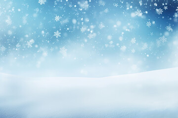 Beautiful snowfall white and blue background for Christmas. Falling snow and snowflakes in white and blue tones. 