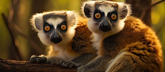 White fronted Lemur observing photographer in Nosy Mangabe Madagascar - obrazy, fototapety, plakaty