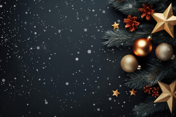 Christmas winter arch with pine branches, golden balls, star, berries, and ribbons, with snowfall on a natural black background. Happy New Year! Copy space for text. Dark blue abstract background.