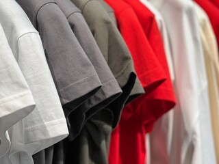 Cotton t-shirts clothing textile on hangers.