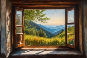 An abstract and surreal representation of an open window, merging the indoors and outdoors in a dreamlike and imaginative manner