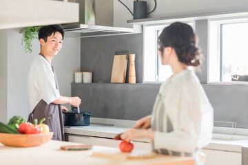 キッチンで料理・家事をする若いアジア人夫婦・カップル（自炊・共働き・ディンクス・趣味）
