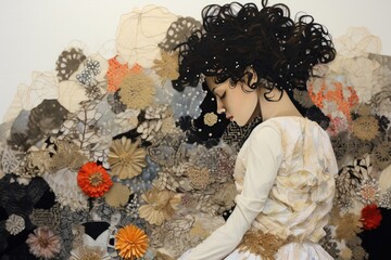 Handmade collage using embroidery and textile elements